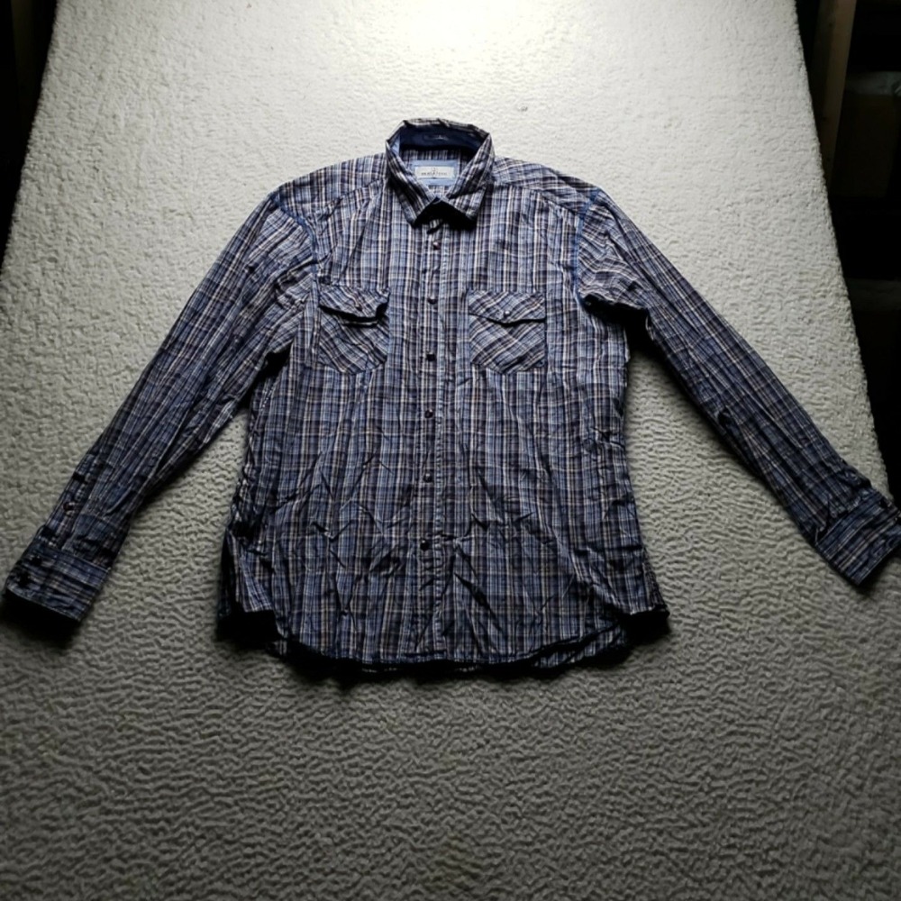 Bugatchi Uomo Shirt Mens Large Blue Brown Plaid Cotton Long Sleeve Button-Up
